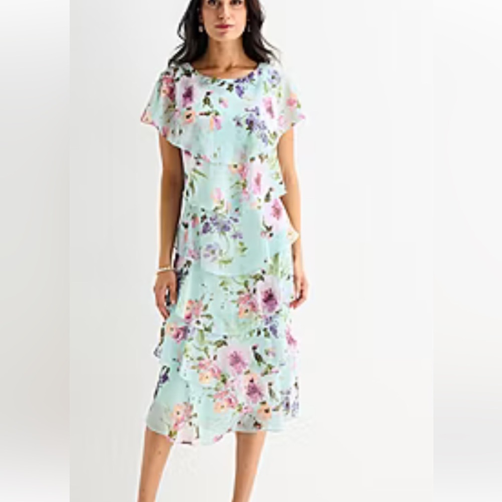 S.L Fashions Floral Ruffle Midi Dress - Mint Sz 10 NWT